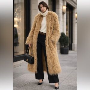 NWT Zara  Limited Edition Faux Fur Long Coat in Camel Brown Size S